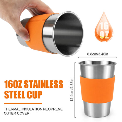 Odoland Camping Cookware Stove Carabiner Canister Stand Tripod and Stainless Steel Cup, Tank Bracket, Fork Spoon Kit for Backpacking, Outdoor Camping Hiking and Picnic,Orange