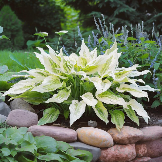 2pk White Feather Hosta Bare Roots - Rare & Unique Perennial Hosta Plants for Shade Gardens - Creamy White and Green Foliage - Easy Care, Low Maintenance Outdoor Garden Plant