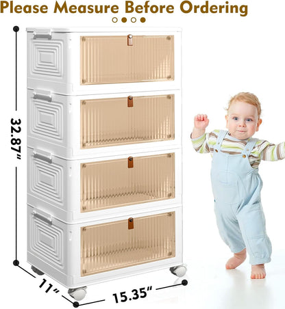 CTSNSLH 4 Tier Plastic Storage Bins and Boxes Organizer - Stackable with Lids for Bedroom, Living Room, Office - Foldable Containers