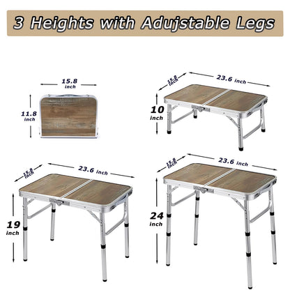 YihuiKo Small Folding Table, 3 Adjustable Heights Picnic Table, Outdoor Folding Table with Storage Mesh Layer, Portable Table for BBQ, Patio, and Indoor