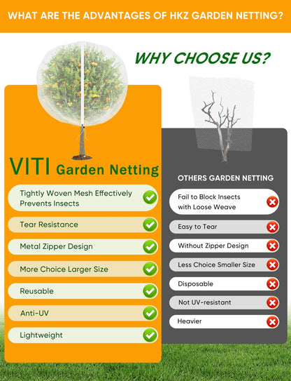 VITI Fruit Tree Netting for Cicadas - with 2Pcs 6Ftx5.3Ft Zipper&Drawstring Protection for Your Fruit Trees Garden Bird Netting Covers Blueberry Bush Tomato Bug Plant Protection Cherry Apple Tree