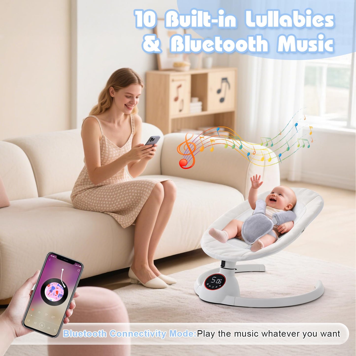 Soobaby Baby Swing for Infants,Electric Swing for Babies,Portable Swing for Baby Boy Girl,Remote Control Indoor Baby Rocker with 5 Sway Speeds,Music and Bluetooth,Bright Gray