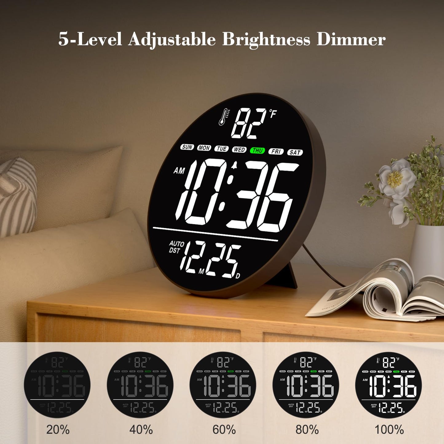 WallarGe Large Digital Wall Clock with LED Display, Electric Wall Clock with Temperature, Auto DST, Date, and Day, 5-Level Brightness for Office, Bedroom, Living Room, Classroom Décor