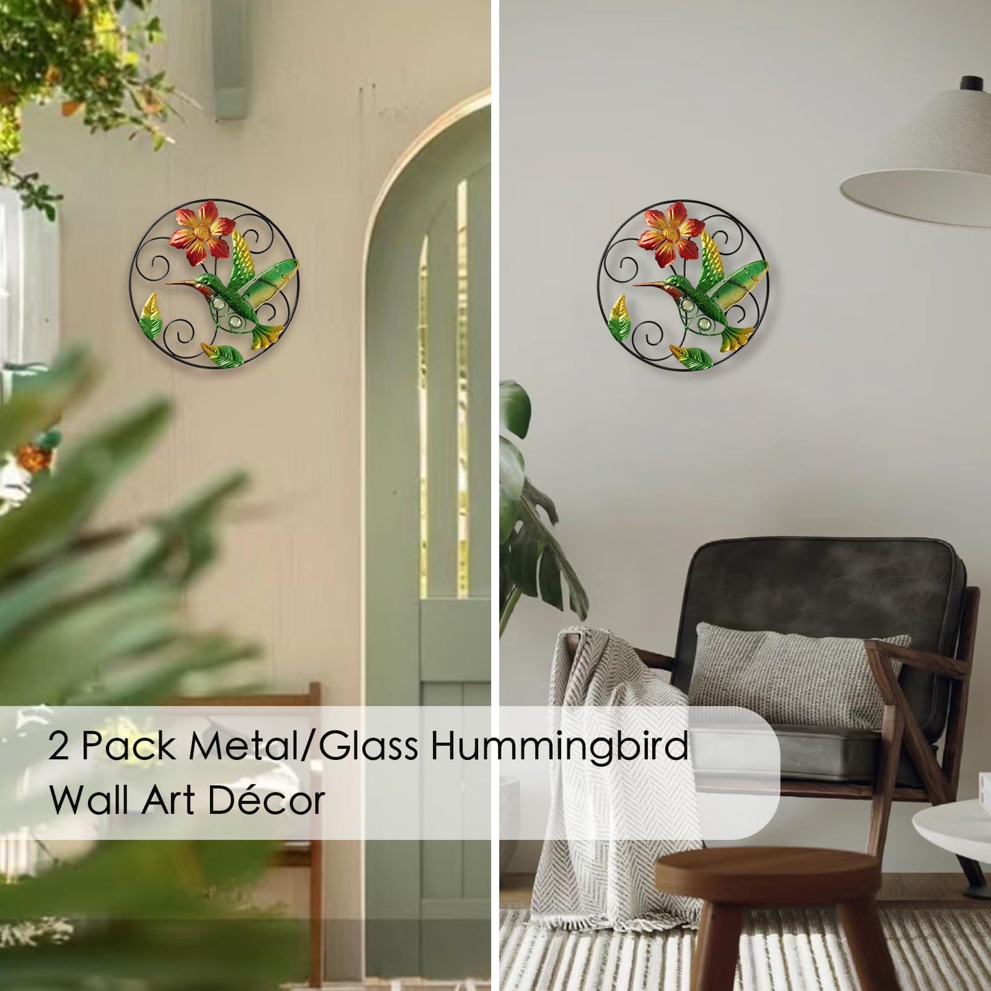 Jusimux Round Flower Wall Art Decor, 2 Pack, Metal and Glass, 9.5 Inch, Outdoor Hanging Decor for Patio, Bedroom, Garden (Hummingbird)