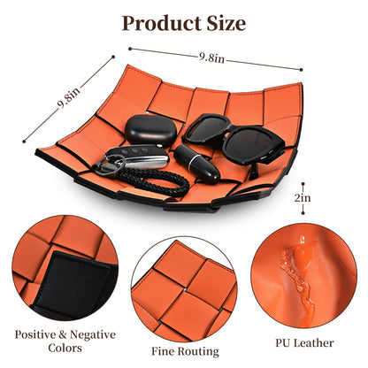 MSJGA Valet Tray PU Leather Key Holder Bowl for Women and Men Entryway Table Nightstand Desk Tray for Wallet, Keys Men's Gift - Orange & Black, 9.8" L x 9.8" W x 2" H