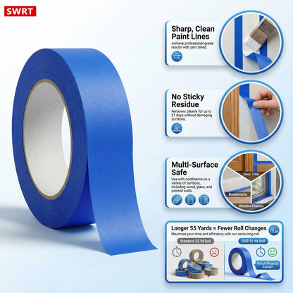 SWRT Blue Painter's Tape 1 Inch x 55 Yards x 24 Rolls (1320 Yards Total) – Upgraded Adhesive Masking Tape, Multi-Surface, Clean Removal, No Residue, for Walls, Trim, DIY, Crafts & Painting Projects