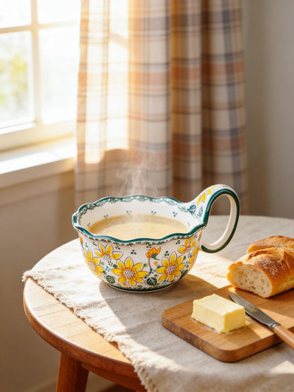 silesia Handmade Ceramic Soup Bowl, 30 oz Hand Painted Bowl with Loop Handle, Floral Design Cereal Bowl for Soup, Ice cream, Snack, Microwave & Dishwasher Safe (Sunflower)