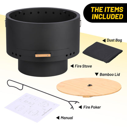 GarveeLife 26 in Smokeless Fire Pit with Removable Ash Pan, Wood Burning Firepit Table with Lid&Fire Poker,Smokeless Outdoor Fireplace with Dust Bag, Outdoor Fire Pits for BBQ, Table, Bonfire, Camping