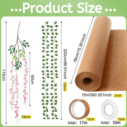 XunYee 3D Wisteria Tree Wall Decor for Room Classroom Ceiling Artificial Wisteria Hanging Flowers DIY Cardboard Paper Tree with Green Vine Kraft Paper Fairy Bulletin Board Decorations(Pink)