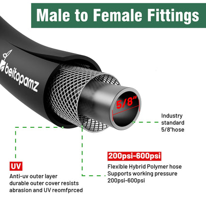 Beitopamz Short Garden Hose 5 ft x 5/8 in Male to Female Heavy Duty Small Water Hose Extender Connector, Lightweight Rubber Hybrid Leader Hose, Leak-Free Connections, 3/4'' Brass Fittings, Black