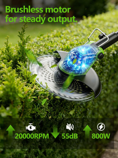 20,000RPM Cordless Electric Weed Wacker, 800W Brushless Weed Eater with Wheels, 12" 4-in-1 String Trimmer Lawn Edger Mini Lawn Mower Brush Cutter, Foldable, 21V, 2×4.0Ah Batteries Power Display