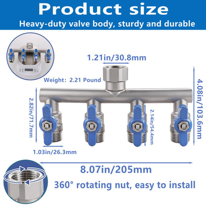 304 Stainless Steel Garden Hose Splitter 4 Way Heavy Duty, Full Flow T Valve Water Hose Splitter With 2.1" Extra Long Handle, Lead-free，3/4" GHT Thread Connector For Outdoor Spigot Faucet