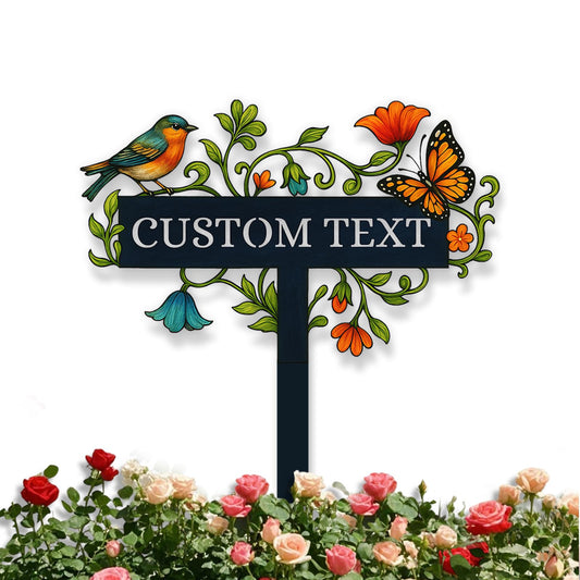 Personalized Garden Signs with Stakes, Colorful Flowers Bird Garden Decor for Outside, Custom Signs Outdoor Metal, Large Metal Yard Art, Patio Decorations, Lawn Art, Gardening Gifts Color06