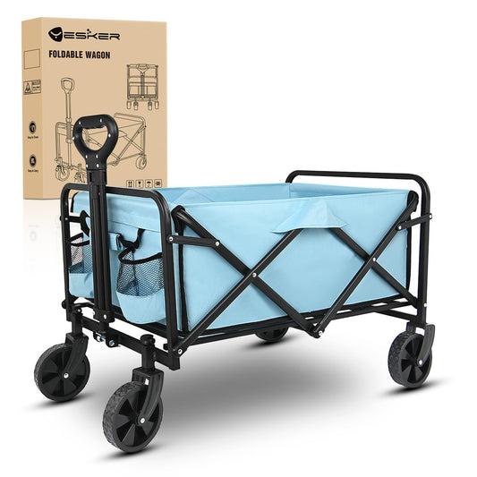 Yesker Foldable Wagon - 220lbs Collapsible Garden Carts with All Terrain Wheels for Outdoor Camping Sports Shopping Gardening - Heavy Duty Portable Utility Trolley (Blue)