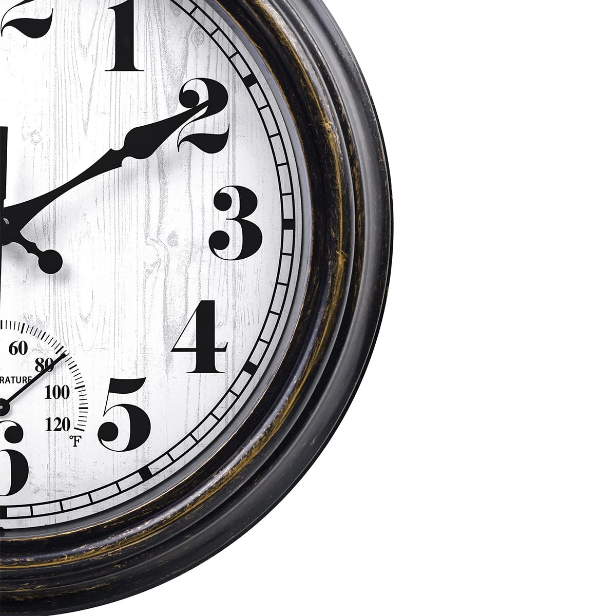 45MinST 12 Inch Indoor/Outdoor Retro Round Waterproof Wall Clock with Thermometer, Silent Non Ticking Battery Operated Quality Quartz Wall Clock Home/Patio Decor(Black Gold)