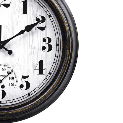 45MinST 12 Inch Indoor/Outdoor Retro Round Waterproof Wall Clock with Thermometer, Silent Non Ticking Battery Operated Quality Quartz Wall Clock Home/Patio Decor(Black Gold)