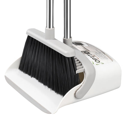 OPTTIDI Broom with Dustpan Combo Set, Hand Broom and Dustpan Set for Sweeping Indoor Angle Broom for Home Office Kitchen Lobby Floor Pet Hair Indoor&Outdoor Cleaning (White&Gray)
