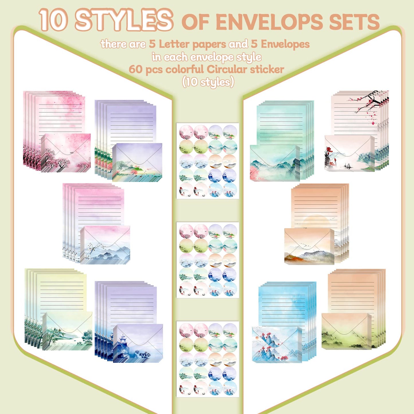 TaoBary 160 Pcs Stationery Paper Set 50 Double Sided Stationery Papers with 50 Matching Envelopes and 60 Round Dot Sticker, 10 Design(Ink Painting,5.5 x 8.25 Inch)