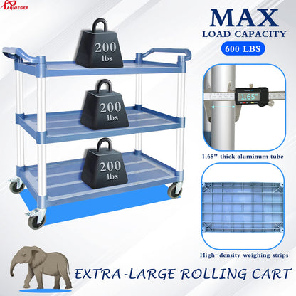 AQNIEGEP Utility Carts with Wheels, Large Food Kitchen Cart Heavy Duty, Rolling Service Cart w/Hammer for Restaurant, Office, Commercial, 600lbs Capacity, Lockable Wheels, 3-Tier