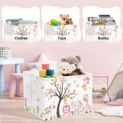 Clastyle Collapsible Large Pink Woodland Animal Baby Girl Bakset Jungle Animals Lion Giraffe Book Shelf Basket with Handle Rectangle Toy Clothes Cube Storage Basket for Kids Room