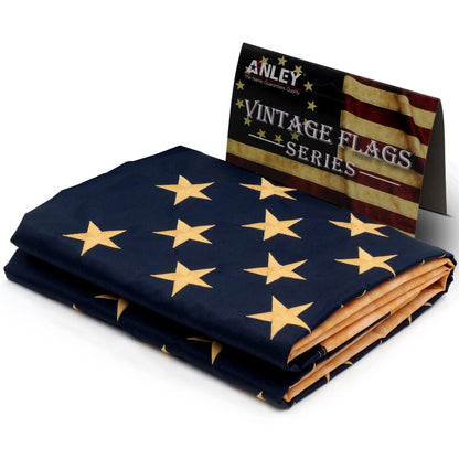 ANLEY Vintage Style Tea Stained American Flag 3x5 Foot - Embroidered Stars and Sewn Stripes - 4 Rows of Lock Stitching - Antiqued US National Banner Flags with Brass Grommets 3 X 5 Ft
