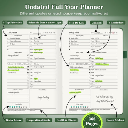 Asten Planner, Undated Daily Planner with To Do List, 365 Days Planner for ADHD, Hourly Planner Notebook for Goal Setting, Productivity Organizer with Calendar, 8.3'' x 5.8''(Green)