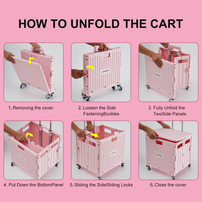 MACOPRO Folding Utility Cart Portable Rolling Crate Handcart Shopping Trolley Collapsible Tool Box, with Lid, Basket on 4 Rotate Wheels, for Grocery, Shopping, Office, Teacher (Pink)