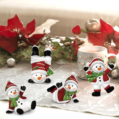 DoubleFill 4 Pcs Christmas Snowman Figurines Table Top Set Sitting Laying Standing Tabletop Decoration Wooden Snowman Statue Decor for Winter Holiday Mantle Desk Shelf Party Decoration