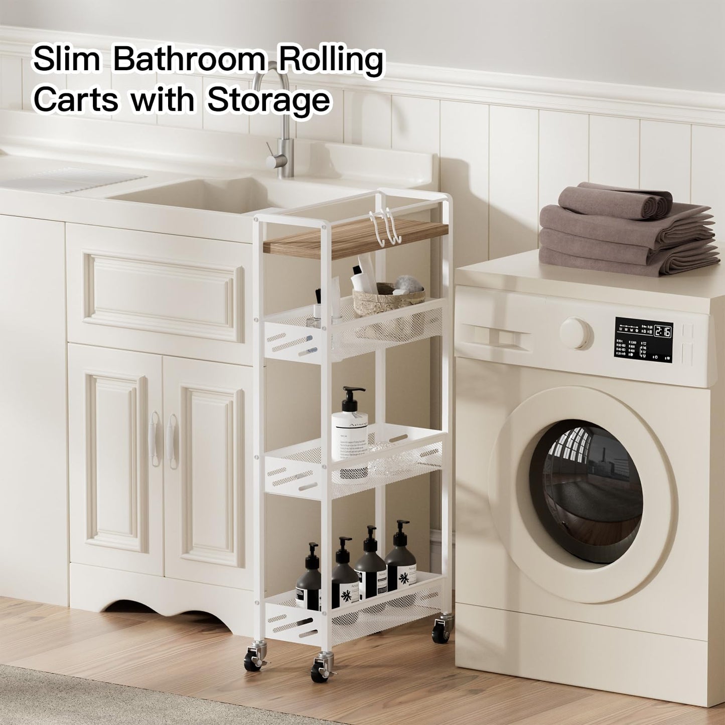 DGSNADGO Slim Rolling Storage Cart, 4-Tier Kitchen Cart on Wheels, Narrow Utility Cart with Handle and Wooden Tabletop for Small Space in Kitchen, Living Room, Bathroom, Laundry Room, Beige and White