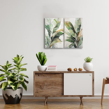Botanical Wall Art Set Hand Painted, for Living Room plant wall art,Green Tropical Plant Leaf Wall Decor, Modern Banana Leaf Wall Painting, for Bedroom, Dining Room, Office - 12x20 Inch 2pack