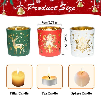 Romcanmy Christmas Votive Candle Holders, Set of 6 Red Green White Glass Candle Holder for Christmas Table Centerpiece, Snowflake Reindeer Xmas Tree Tea Light Holders for New Year Winter Party Decor