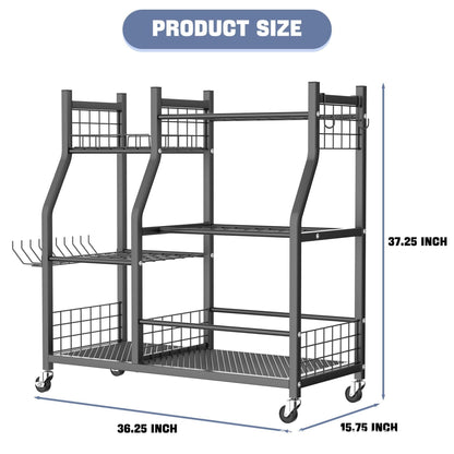 Extra Large Garden Tool Organizer Rack with Wheels, 3x2 Heavy Duty Garage Storage Stand Holds 60+ Tools, Black