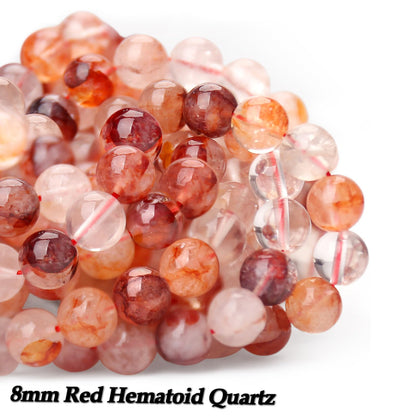 70PCS Natural 8MM Healing Gemstone, Red Hematoid Quartz Energy Stone Round Loose Beads, Semi-Precious Crystal Beads with Free Elastic String for Jewelry Making DIY