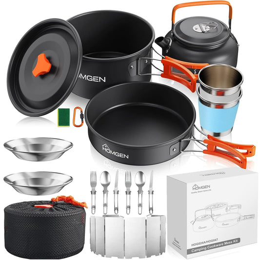 HOMGEN Portable Camping Cooking Set with Folding Windscreen-Lightweight Aluminum Camp Pots and Pan-800ml Teapot- 2 Cups & Plates- Complete Camping Mess Kit for Hiking Picnic Camping RV Trevel Trip