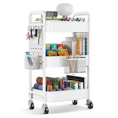 3 Tier Rolling Cart Metal with DIY Pegboard, White Utility Cart with Lockable Wheels, Three Tiered Craft Cart Organizer on Wheel, Utility Roller Storage Carts for Art, Baby Diaper Caddy, Snack, Book