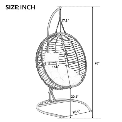 GDFStudio Hammock Chair with Stand, Rattan Wicker Hanging Egg Chair with Cushion & Headrest, Iron Frame Folding Patio Hammock Swing Chair for Indoor Outdoor Balcony Porch Garden, 330 lbs, Brown+Gray