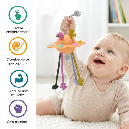 Little Rawr Silicone Baby Sensory Montessori Toys & Pull String Toys for 18 M+, Toddler Birthday Gift Car Seat Airplane Travel Toy for 1 2 Year Old Boy Girl Infant 18 Months Old (Orange)