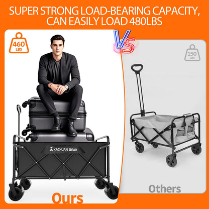 300L Large Collapsible Wagons Carts with Big All-Terrain Beach Wheels, Foldable Shopping Wagon Cart, Heavy Duty 480lbs Load, Folding Utility Cart for Groceries Garden Sport (Black)