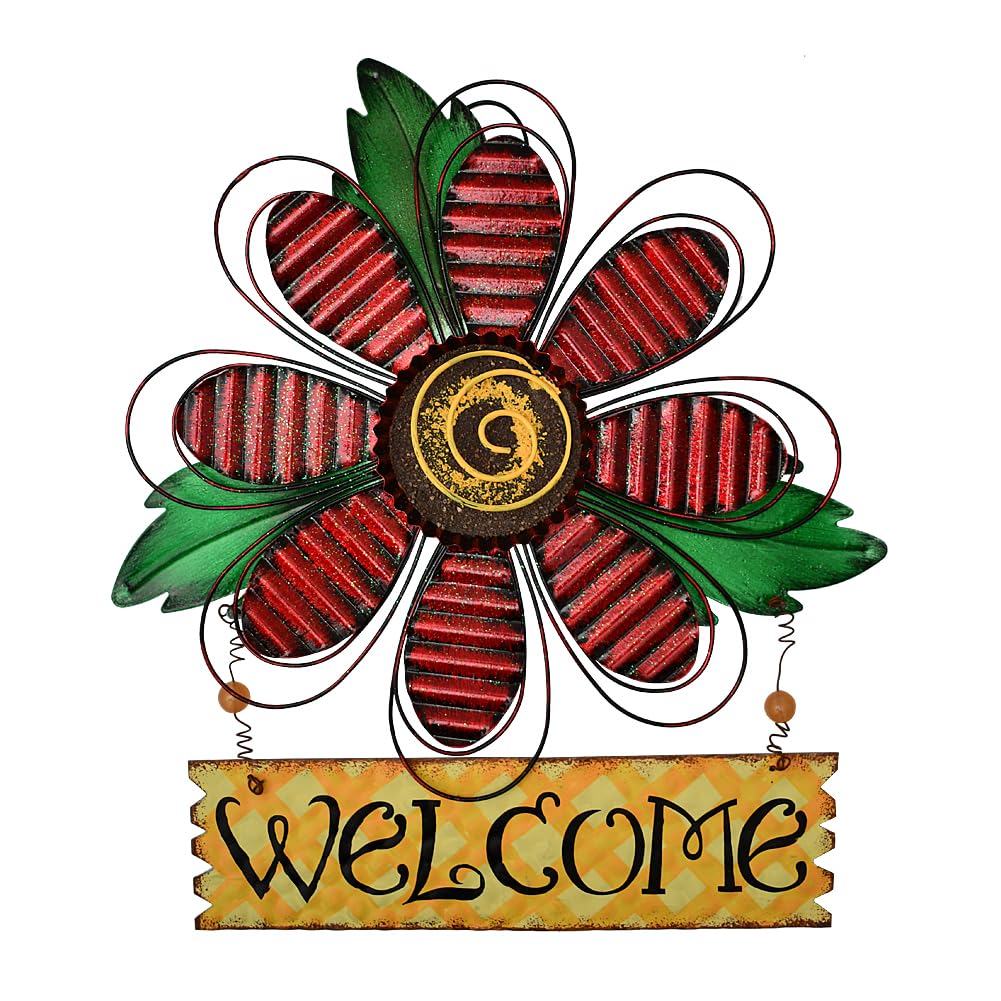 Metal Welcome Sign for Front Door - Decorative Flower Hanging Plaque Spring Wreaths Wall Art - Farmhouse Patio Garden Outdoor Decorations (Red, B)