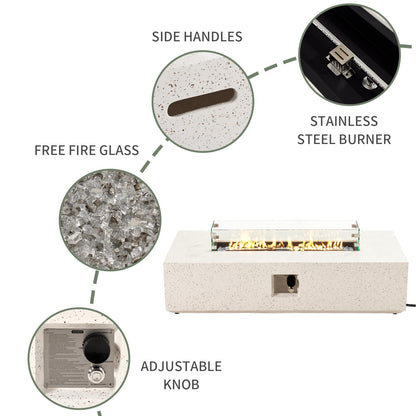 COSIEST Outdoor Propane Fire Pit Table, 56" x 28" Rectangle Terrazzo White Concrete-Like Finish, Certified, 50,000 BTU Stainless Steel Burner w Transparent Gray Fire Glass, Wind Guard, Raincover