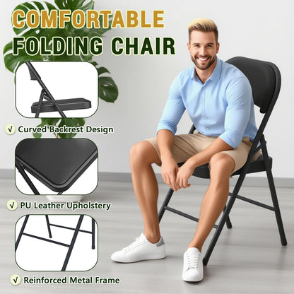 FurniEdge Padded Folding Chairs 4 Pack, PU Leather Folding Chairs for Outside and Indoor, Heavy Duty Portable Foldable Metal Chairs for Home Office, Dorm, Party, Backyard, Patio, Black