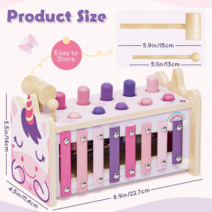 Lehoo Castle Baby Montessori Toys for 1 2 Year Old, Wooden Hammering Pounding Toy with Xylophone, Educational Learning Activities for 1 2 3 Year Old Girls First Christmas Birthday Gifts - Unicorn
