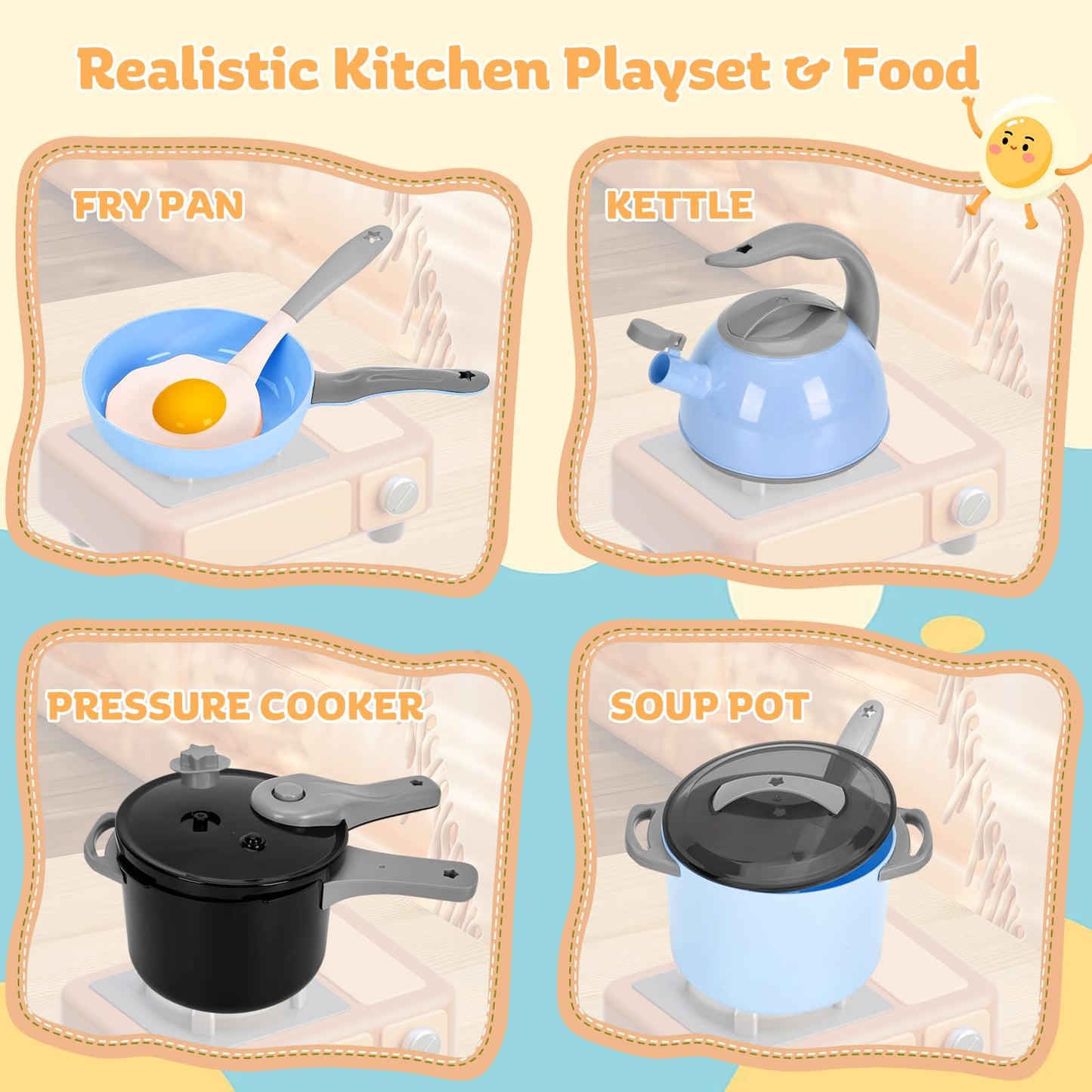 Zero Zoo 105Pcs Kids Kitchen Toy Accessories, Toddler Pretend BBQ Camping Cooking Playset, Play Pots, Pans, Utensils Cookware Toys, Play Food Set, Vegetables, Learning Gift for Girls Boys
