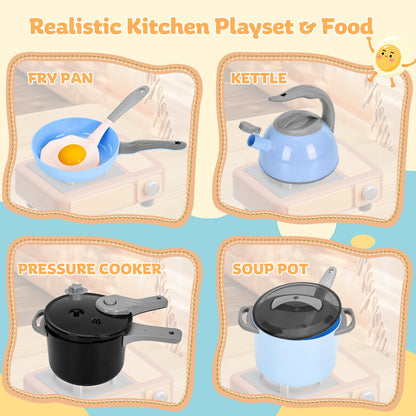 Zero Zoo 105Pcs Kids Kitchen Toy Accessories, Toddler Pretend BBQ Camping Cooking Playset, Play Pots, Pans, Utensils Cookware Toys, Play Food Set, Vegetables, Learning Gift for Girls Boys