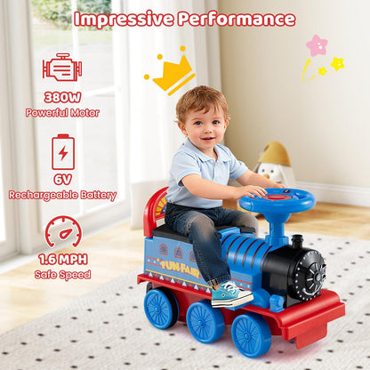 Costzon 2-Seater Ride on Train with Carriage, 6V Ride on Toy w/Under-Seat Storage, Footrests, Train Whistle, Music & Colorful Flashing LED Lights, Electric Car for Kids (2 Seaters, Blue)
