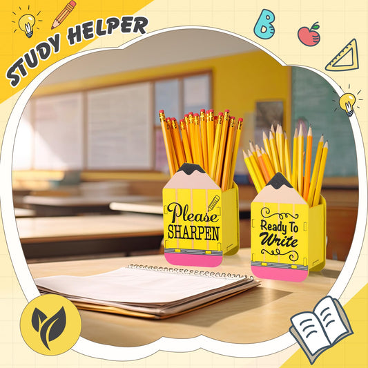 DoubleFill 2 Pcs Pencil Shaped Holder Sharp Dull Holder Wooden Dispenser Pencil Storage for Back to School Teachers Classroom Organization(Classic,Yellow)