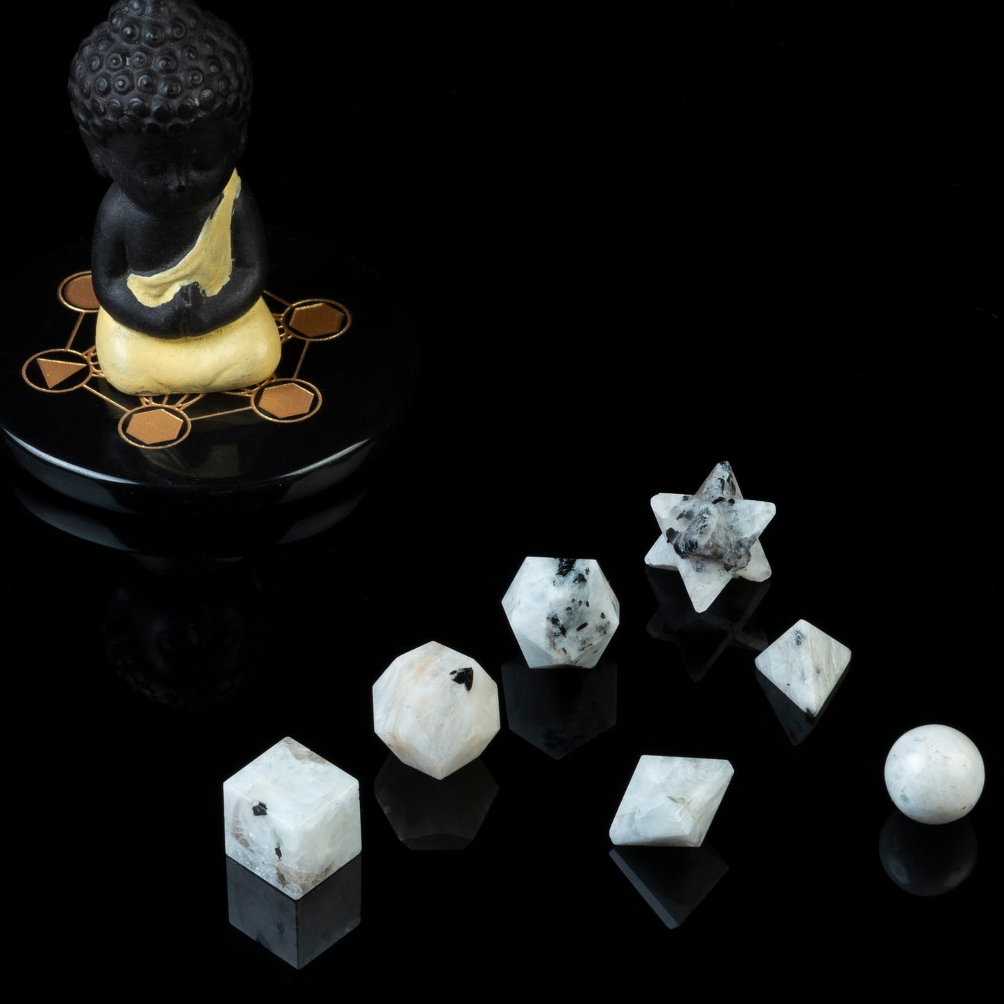 ZAICUS Rainbow Moonstone 7 Pcs Platonic Solids Crystal Geometry Set, Platonic Solids Sacred Geometric Stones for Meditation Healing Chakra Stone Cleansing Spiritual Good Luck (15-20 mm)