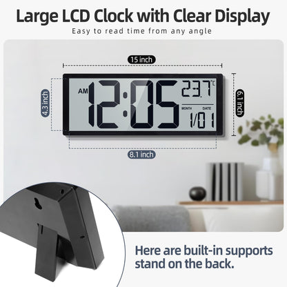 Henescribe 16" Large Digital Wall Clock Battery Operated with Big Display Numbers, Temperature and Date, Auto DST and Alarm, for Office, Classroom, Gym, Bedroom, Living Room