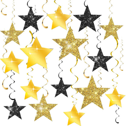 Black Gold Graduation Decorations/Black Gold Party Decorations/Black and Gold Star Hanging Swirls, 16 Pieces, for Birthday,New Year Eve, Graduation Star Party Decorations