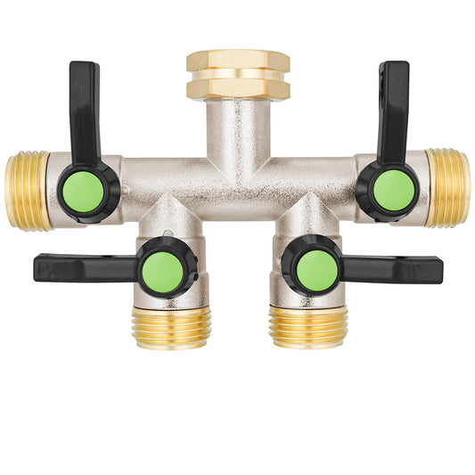 DINGBAI 4 Way Hose Splitter, Brass High Flow Garden Hose Splitter Heavy Duty, Hose Connector, Water Spigot Splitter, Full Flow Faucet Splitter with shutoff, 3/4” GHT Inlet